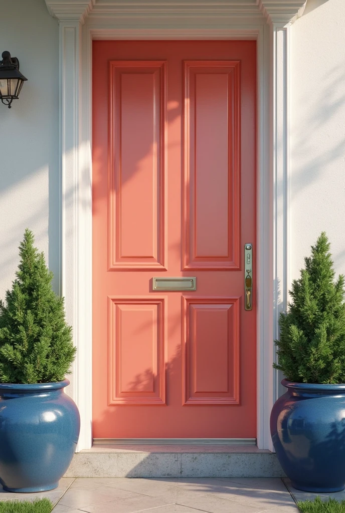 charming home entrance featuring a retro-style coral front door with glossy finish and classic panel details; on each side of the door stand large ceramic planters in rich denim blue, filled with lush green plants; the doorway is framed by clean white trim and set against a neutral exterior wall; soft natural light enhances the vibrant colors and textures, creating a welcoming and stylish curb appeal.