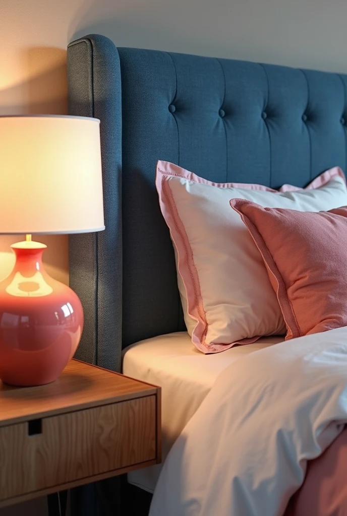 serene bedroom featuring an upholstered denim blue headboard with soft fabric texture and clean lines; on each side, matching coral ceramic bedside lamps with smooth glossy surfaces sit atop wooden nightstands; warm ambient lighting casts a gentle glow, highlighting the rich contrast between the deep blue headboard and vibrant coral lamps; the room has neutral walls and decor, creating a balanced, elegant atmosphere.