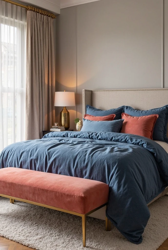 stylish bedroom featuring a bed dressed in a textured denim blue duvet cover with crisp edges; at the foot of the bed sits a coral upholstered bench with sleek lines and gold legs; the room includes brass hardware on bedside tables and lamps, soft neutral walls, and warm natural light filtering through sheer curtains, creating a cohesive, layered, and elegant atmosphere.
