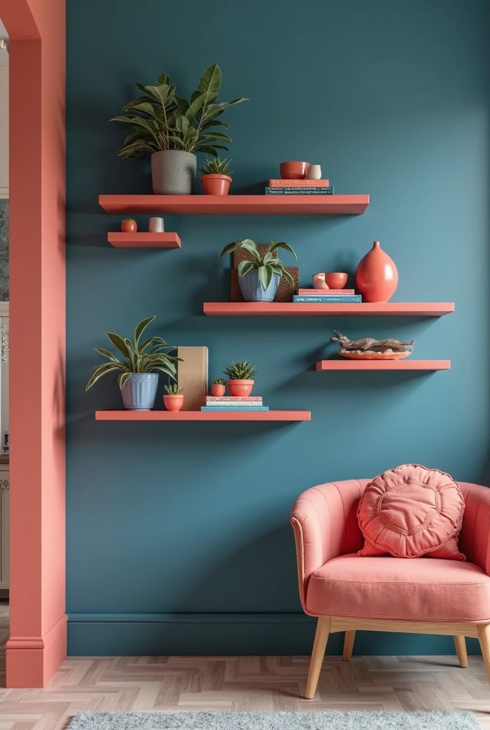 stylish interior featuring a rich denim blue accent wall with smooth matte finish; mounted on the wall are sleek coral floating shelves with clean lines and glossy surfaces, arranged asymmetrically; the shelves display curated vintage decor including retro ceramics, small green plants, and neatly stacked books with coral and blue covers; soft natural light enhances the vibrant colors and textures, creating a refined retro vibe with functional storage and cheerful pops of color.
