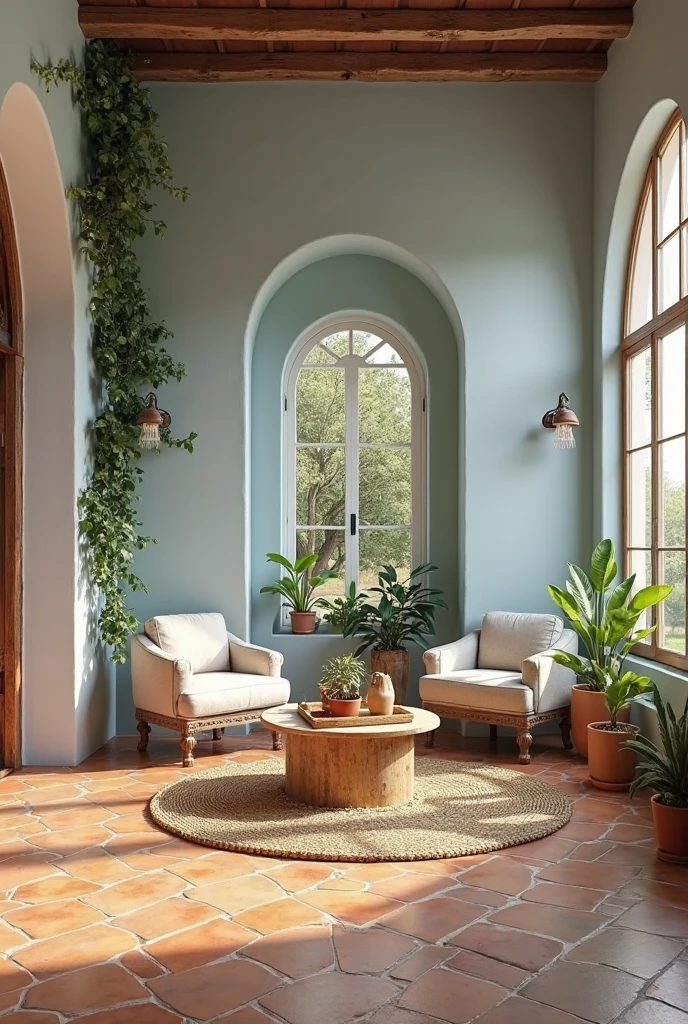 Mediterranean interior featuring terracotta tile flooring with subtle color variations, smooth sky blue plaster walls with a matte finish, tall arched windows framed in whitewashed wood letting in golden sunlight, a low rustic coffee table on a natural jute rug, linen-covered armchairs with carved wooden legs, and climbing greenery in terracotta pots bringing in a touch of wild nature.