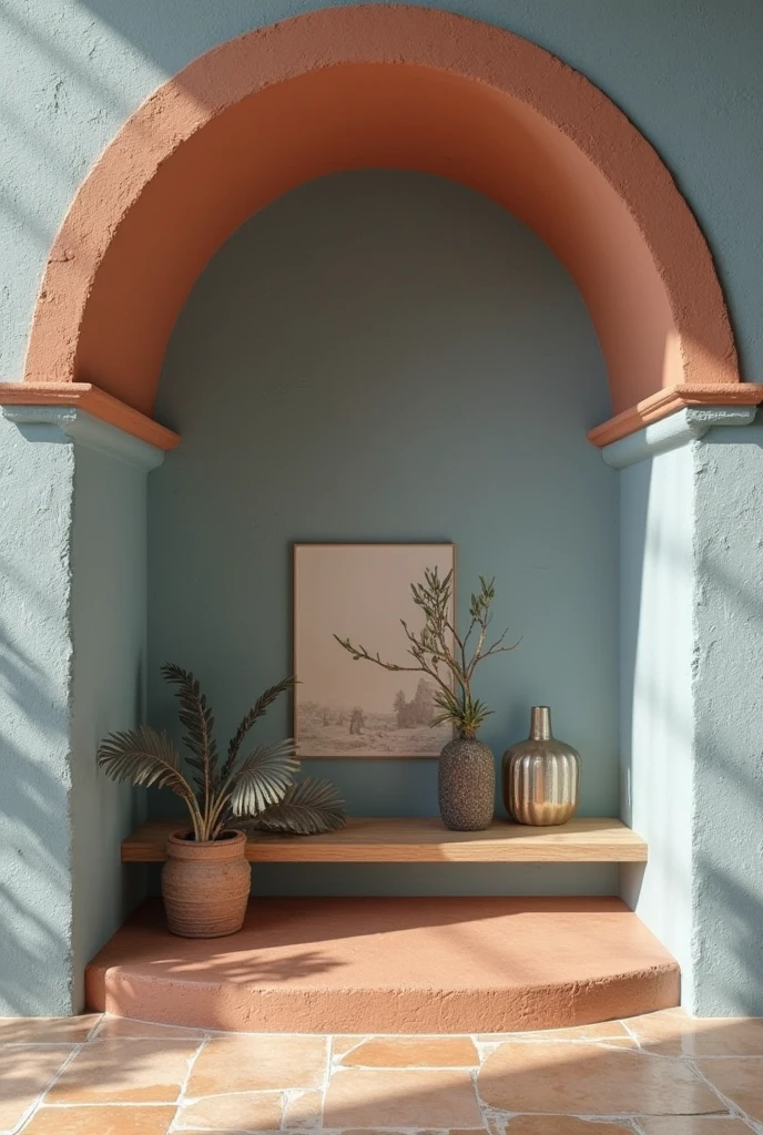 Mediterranean interior featuring a terracotta-painted arched alcove with smooth matte finish, surrounded by textured sky-blue plaster walls in neutral tones, soft natural light casting gentle shadows, a minimalist wooden shelf within the alcove displaying curated art pieces, and a warm, balanced atmosphere blending earthy and cool hues seamlessly.