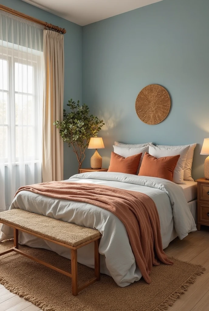 bedroom with soft sky blue walls and matching linen bedding, terracotta throw pillows layered on the bed, a clay-colored woven rug on light oak flooring, ceramic lamp bases in earthy tones on rustic wood bedside tables, a natural rattan bench at the foot of the bed, a vintage wooden wardrobe with brass handles, potted olive tree in the corner, woven wall art above the headboard, sheer white curtains softly diffusing golden sunlight, and a calm, grounded Mediterranean-inspired atmosphere.