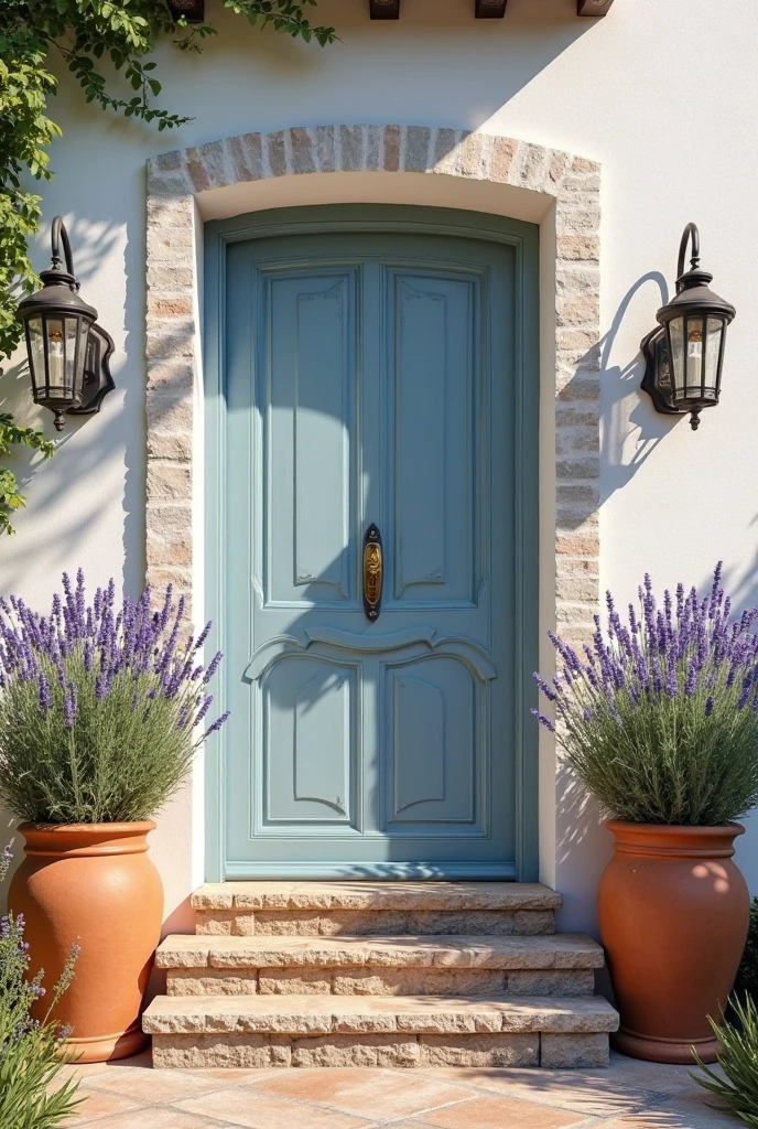 Mediterranean house exterior featuring a sky blue wooden front door with a matte finish and vintage brass handle, framed by whitewashed stucco walls, oversized terracotta planters on each side filled with lush and blooming lavender, textured stone steps leading to the entrance, wrought iron lantern-style wall sconces, small mosaic tile accents around the doorway, and warm natural sunlight casting asoft shadows, creating an inviting and authentic Mediterranean curb appeal.