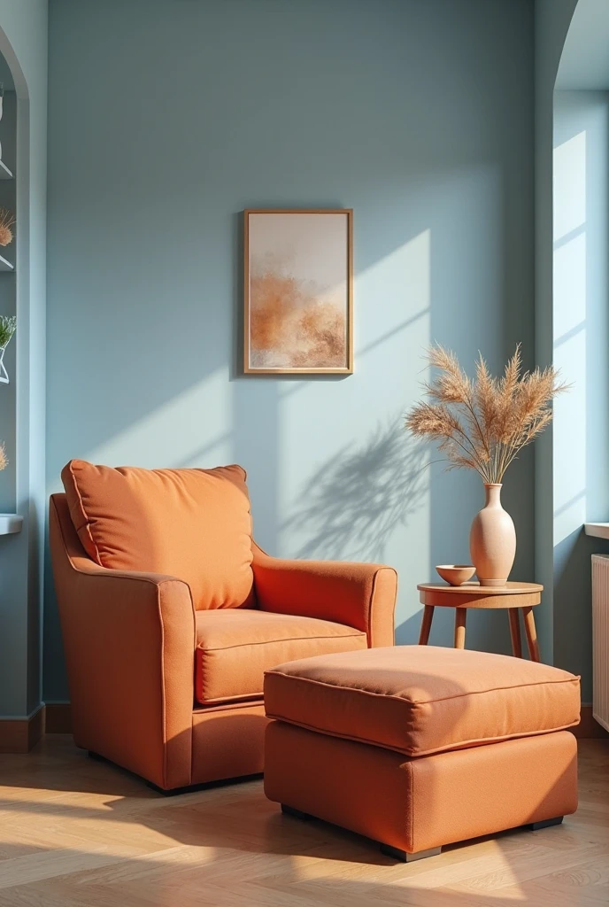 interior lounge corner featuring terracotta-colored upholstered lounge chair and matching ottoman with soft texture, set against smooth sky blue painted walls with a matte finish, natural oak flooring, a small round wooden side table with a ceramic vase and dried flowers, soft ambient light from a nearby window casting gentle shadows, wall art in coordinating tones, and a serene, harmonious Mediterranean-inspired atmosphere.