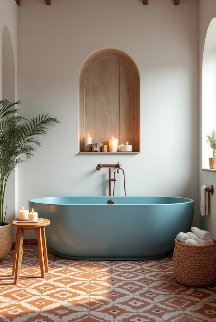 bathroom featuring a freestanding sky blue bathtub with smooth matte finish as the focal point, surrounded by a warm terracotta mosaic tile floor with intricate geometric patterns, wooden bath accessories including a small stool and tray, lit candles placed around the tub casting soft flickering light, white plaster walls, woven basket for towels, and a serene, spa-like atmosphere blending earthy warmth with cool coastal tones.