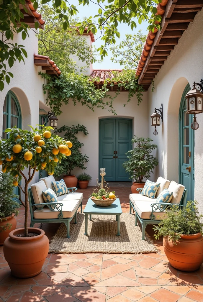 Mediterranean courtyard-inspired patio featuring warm terracotta tile flooring with natural texture, crisp whitewashed stucco walls with subtle aging, sky blue wrought iron patio furniture with plush cushions, large clay pots filled with vibrant lemon trees bearing ripe fruit, woven outdoor rug in neutral tones, hanging terracotta lanterns, trailing green vines on trellises, dappled sunlight filtering through, and a serene, inviting atmosphere blending indoor comfort with outdoor charm.