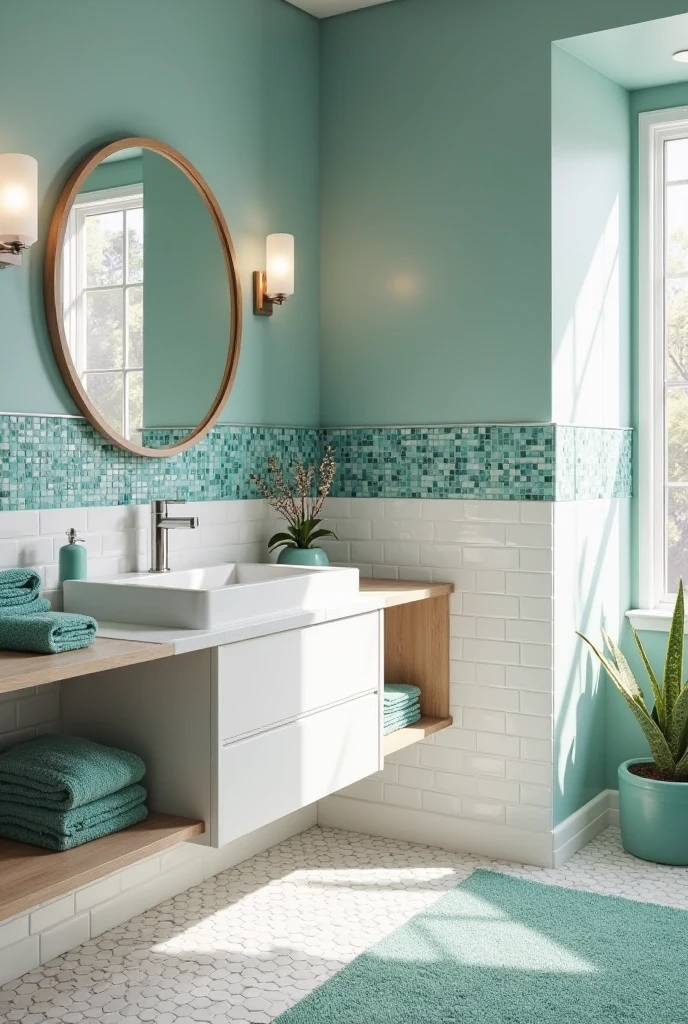 bathroom interior with a fresh, ocean-inspired atmosphere. The walls are painted a serene, breezy teal with a satin finish that softly reflects natural light. White ceramic subway tiles cover the lower half of the walls and the entire shower enclosure, creating a crisp, clean backdrop. The flooring features small hexagonal white tiles with subtle grey grout lines. A floating white vanity with a smooth quartz countertop and integrated rectangular sink sits beneath a large, round mirror framed in light wood. Brushed nickel faucet and fixtures add a touch of elegance. Above the mirror, a pair of modern sconces with frosted glass shades emit a soft, warm glow. Teal mosaic tiles form a decorative accent strip in the shower niche and backsplash, adding rich texture and visual interest. Fluffy teal towels are neatly folded on a towel bar beside the vanity and stacked on open wooden shelves. A potted aloe plant in a ceramic teal pot rests on the vanity, adding a fresh natural element. Sunlight streams in through a frosted window, bathing the room in soft coastal light and enhancing the spa-like feel.