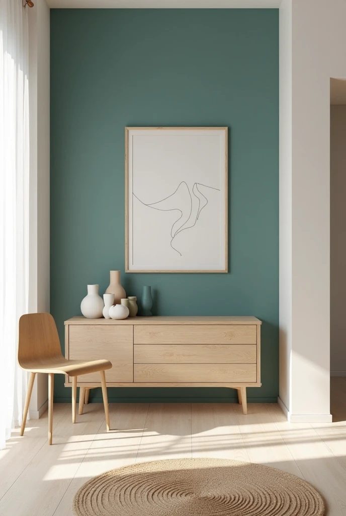 minimalist interior showcasing a single teal accent wall with a smooth matte finish that adds depth and vibrancy to the space. The remaining walls are painted in a soft off-white, creating a bright, clean atmosphere. Positioned against the teal wall is a low-profile sideboard made of natural light oak wood with flat-front drawers and concealed handles, highlighting the simplicity of the design. On top of the sideboard rests a small arrangement of minimalist ceramic vases in white and sand tones, each with simple, organic shapes.

To the side, a slender wooden chair with a natural finish and a curved backrest leans slightly, adding a functional yet sculptural element. A large framed line art print in black and white hangs centered above the sideboard, standing out subtly against the teal background. The floor is pale, wide-plank wood with a matte finish that continues the neutral palette. A woven jute rug adds texture and warmth underfoot without distracting from the overall simplicity. Soft natural light enters through a sheer white curtain, casting diffused shadows across the room. The scene is quiet, balanced, and elegant, where the teal wall provides just the right amount of boldness within a restrained minimalist design.

