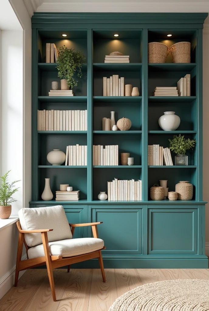 interior featuring built-in bookshelves painted a deep, rich teal with a smooth matte finish that commands attention as a bold design element. The shelves extend from floor to ceiling, with clean, sharp edges and evenly spaced compartments. The surrounding walls are painted a soft warm white, creating a striking contrast against the teal shelves.

The shelves are meticulously styled with an array of neutral-toned books arranged both vertically and horizontally, their spines in shades of cream, beige, and light gray, creating a harmonious, understated palette. Interspersed among the books are carefully curated decorative objects, including matte white ceramic vases of varying heights and shapes, natural woven baskets, and small sculptural pieces in muted stone textures. A few leafy green plants in simple terracotta pots add fresh pops of life and color.

Soft ambient lighting is integrated into the top of the shelves, casting a warm glow that highlights the teal color and the carefully arranged objects. A low mid-century modern wooden armchair with light beige upholstery and slender tapered legs sits beside the bookshelf. The floor is wide-plank light oak with a natural matte finish, complemented by a textured neutral area rug beneath the chair. Natural light streams in softly from an unseen window, enhancing the richness of the teal shelves while maintaining a calm and inviting atmosphere.
