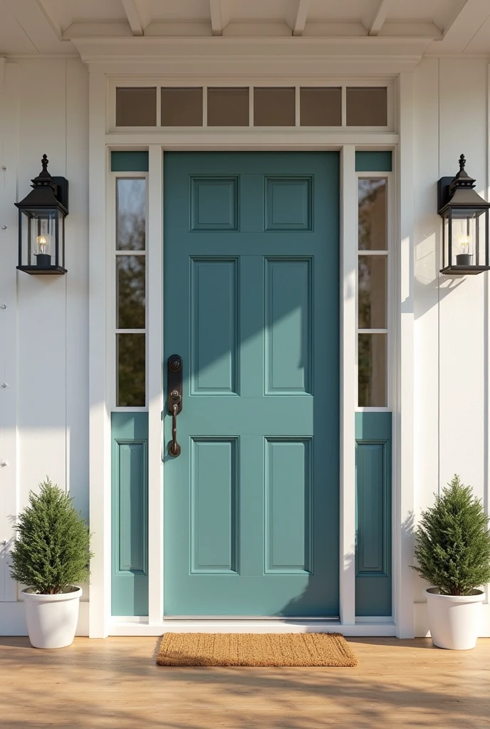 exterior view of a charming home entrance featuring a bold teal front door with a smooth, satin finish that catches natural daylight. The door is paneled with four rectangular sections, each carefully crafted with subtle beveled edges. Surrounding the door is crisp, bright white trim with clean lines and sharp corners, creating a striking contrast that enhances the door’s vibrant teal color.

Flanking the door on both sides are narrow sidelights with clear glass panes framed in matching white trim, allowing soft light to filter through. Above the door, a white transom window with decorative muntins adds architectural interest and brightness. The porch floor is made of warm-toned natural wood planks with a matte finish, showing subtle grain texture. A classic black wrought-iron lantern-style wall sconce with clear glass panels is mounted to the right of the door, casting a gentle warm glow.

A simple rectangular doormat in natural coir fibers sits neatly in front of the door, complemented by a pair of small potted boxwood shrubs in white ceramic planters positioned symmetrically on each side. The surrounding facade features smooth white stucco walls that reflect sunlight softly. The overall composition is fresh, welcoming, and balanced, with the teal door serving as a confident focal point against the clean white trim and neutral exterior.
