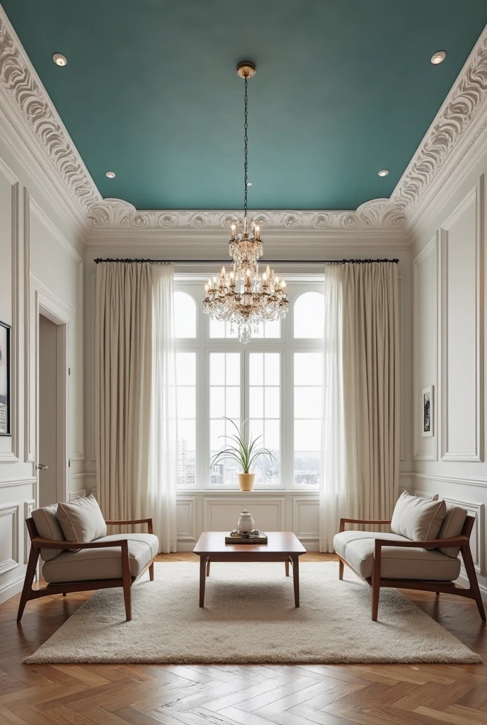 an elegant room featuring a bold teal-painted ceiling with a smooth matte finish that adds dramatic depth to the space. The ceiling is notably high, framed by intricate white crown molding with classic decorative details that sharply contrast with the rich teal color, creating a refined and sophisticated border. Soft recessed lighting is evenly spaced around the perimeter, casting a gentle, warm glow that enhances the ceiling’s vibrant hue.

Below, the walls are painted a soft warm white with a subtle matte texture, providing a clean, neutral backdrop. A large crystal chandelier with multiple delicate tiers hangs gracefully from the center of the teal ceiling, reflecting light and adding a touch of glamour. The room features tall windows framed with floor-to-ceiling ivory curtains made of light, flowing fabric, allowing natural daylight to softly filter in.

The floor consists of wide-plank hardwood with a light natural finish, polished to a gentle sheen. A plush cream-colored area rug lies beneath a mid-century modern walnut wood coffee table with tapered legs. Around the table, there are two neutral beige upholstered armchairs with clean lines and wooden frames, positioned for conversation. The entire scene combines classic architectural details with modern furnishings, highlighting the teal ceiling as a striking, unexpected focal point that elevates the room’s elegance and atmosphere.
