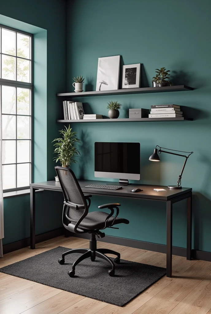 home office with bold teal matte walls creating an energizing backdrop. A large black wooden desk with a sleek matte surface and slim metal legs sits centered against one wall. On the desk is a black monitor with a thin bezel, a wireless keyboard, and a black leather desk pad. A matte black adjustable desk lamp provides focused light. A black ergonomic mesh office chair with cushioned seat is neatly placed at the desk.

Above the desk, floating black shelves display neutral-toned books, small succulents in matte black pots, and minimalistic black and white framed art prints. The floor features light oak hardwood with a low-pile dark charcoal rug beneath the desk and chair. A large window with simple black metal frames lets in natural light, softened by sheer white curtains. The room balances bold teal walls with black furnishings for a stylish, focused workspace that boosts energy and productivity.
