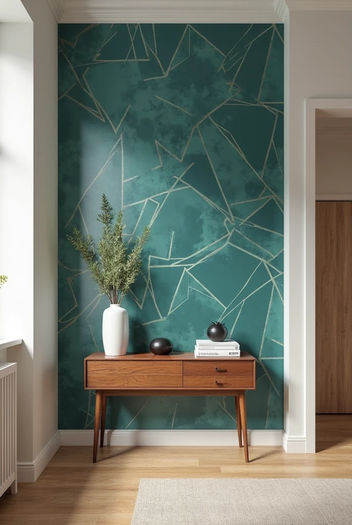 interior featuring a striking feature wall covered in teal wallpaper with a modern geometric pattern. The wallpaper displays interlocking shapes such as hexagons and triangles in varying shades of teal, ranging from deep emerald to soft turquoise, creating a dynamic, textured visual effect. The pattern has a subtle metallic sheen that catches light gently, adding depth and sophistication.

The wall contrasts against adjacent walls painted in soft matte warm white, maintaining balance and highlighting the wallpaper’s bold design. Below the feature wall, a mid-century modern console table with a walnut wood finish and tapered legs holds decorative objects including a white ceramic vase with fresh greenery, a stack of art books, and a small sculptural object in matte black.

The floor is light oak hardwood with a natural matte finish, complemented by a low-pile beige rug with subtle texture. Soft natural light filters in through a large window nearby, casting gentle shadows that enhance the geometric shapes. The overall space feels contemporary and stylish, with the teal geometric wallpaper serving as a vibrant focal point that energizes the living room or hallway with modern elegance.
