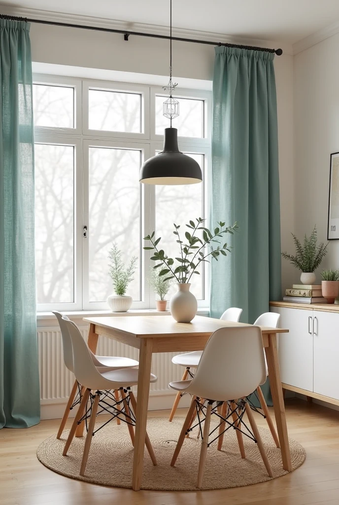 Scandinavian-style dining room featuring large windows adorned with soft light teal linen curtains that gently filter natural light into the space. The walls are painted matte off-white, enhancing the room’s bright and airy feel. A simple rectangular dining table made of light oak wood with clean, smooth edges stands at the center, surrounded by minimalist white molded chairs with wooden legs.

Above the table hangs a sleek black pendant light with a matte finish and a simple geometric design, adding subtle contrast. On the table, a ceramic vase filled with fresh eucalyptus branches adds a natural touch. The floor is light natural wood planks with a matte finish, complemented by a woven jute rug beneath the dining set for warmth and texture.

A low sideboard with white matte doors and light oak accents sits against one wall, topped with minimalist decor such as small potted plants, a stack of books, and a framed abstract print with soft neutral tones. The overall space combines clean lines, natural materials, and the soft teal curtains to create a serene, functional, and elegant Scandinavian dining area.
