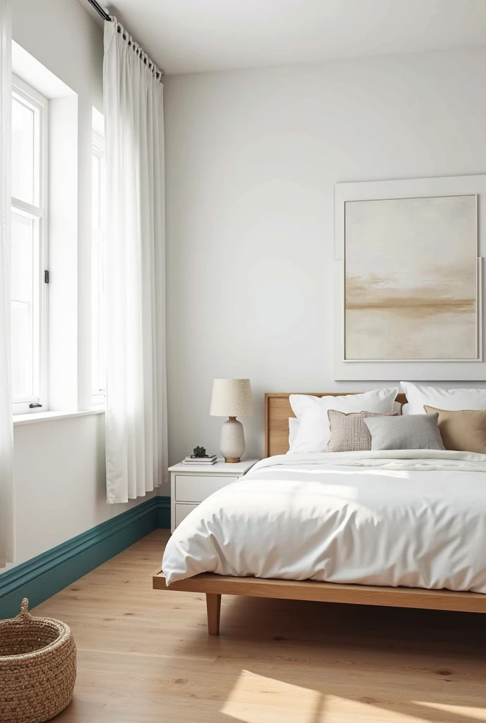 minimalist bedroom featuring crisp matte white walls accented by deep teal baseboards with a smooth satin finish and classic molding that adds subtle dimension. The floor is light natural oak hardwood with a matte finish, creating a warm foundation that contrasts beautifully with the teal baseboards.

A low-profile platform bed with a natural wood frame sits centered against one wall, dressed in crisp white linens with soft beige and light gray accent pillows. A simple white nightstand with clean lines holds a small ceramic lamp with a textured beige shade. Nearby, a woven seagrass basket stores extra blankets, adding natural texture to the space.

Large windows are dressed with sheer white curtains that diffuse abundant natural light, highlighting the contrast between the bright walls and the bold teal baseboards. A minimalist abstract painting with soft neutral tones hangs above the bed, enhancing the calm and airy atmosphere. The overall room combines clean lines, natural materials, and the subtle pop of teal baseboards to create a serene, modern retreat with understated elegance.
