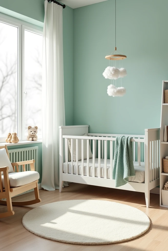 nursery painted in a soft pale teal with a matte finish that creates a calming and modern atmosphere. The walls are smooth and evenly painted, providing a gentle backdrop for the room. A cozy wool rug in creamy white with a subtle woven texture covers the light natural oak hardwood floor, adding warmth and softness underfoot.

A white wooden crib with clean lines and slatted sides sits against one wall, dressed with pale gray fitted sheets and a soft knitted teal  blanket draped over the side. Above the crib hangs a delicate mobile shaped like fluffy white clouds suspended by thin white strings, gently floating in the soft natural light filtering through sheer white curtains on large windows.

On one corner, a wooden rocking chair with light oak finish is paired with a plush ivory cushion, inviting comfort for parents. A low white bookshelf holds a collection of simple wooden toys, including stacking rings and animal figures, organized neatly for easy access. Soft neutral-colored cushions and a small woven basket for toys complete the space. The nursery exudes tranquility and warmth, blending soft textures and gentle teal tones to create a serene environment designed to grow with the child.
