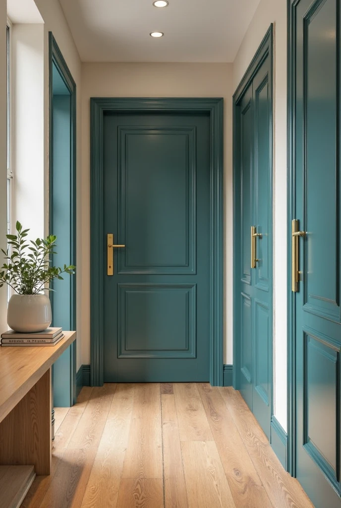 modern interior hallway featuring multiple doors painted in a rich, deep teal with a smooth matte finish. Each door has clean, minimalist panels with subtle beveled edges, showcasing precise craftsmanship. Polished brushed brass door handles with a sleek rectangular design add a sophisticated metallic contrast to the teal surfaces.

The hallway walls are painted in soft off-white with a matte texture, enhancing the vibrant teal doors without overwhelming the space. Light natural oak hardwood flooring with a matte finish runs continuously throughout, complementing the color palette with warm, organic tones. Recessed ceiling lights cast soft, even illumination that highlights the doors’ rich color and texture.

At the end of the hallway, a simple console table made of light wood holds a small potted green plant in a white ceramic pot and a stack of neutral-toned books. The overall scene feels modern and cohesive, with the teal-painted interior doors providing a designer-level statement that visually unites the home’s aesthetic.
