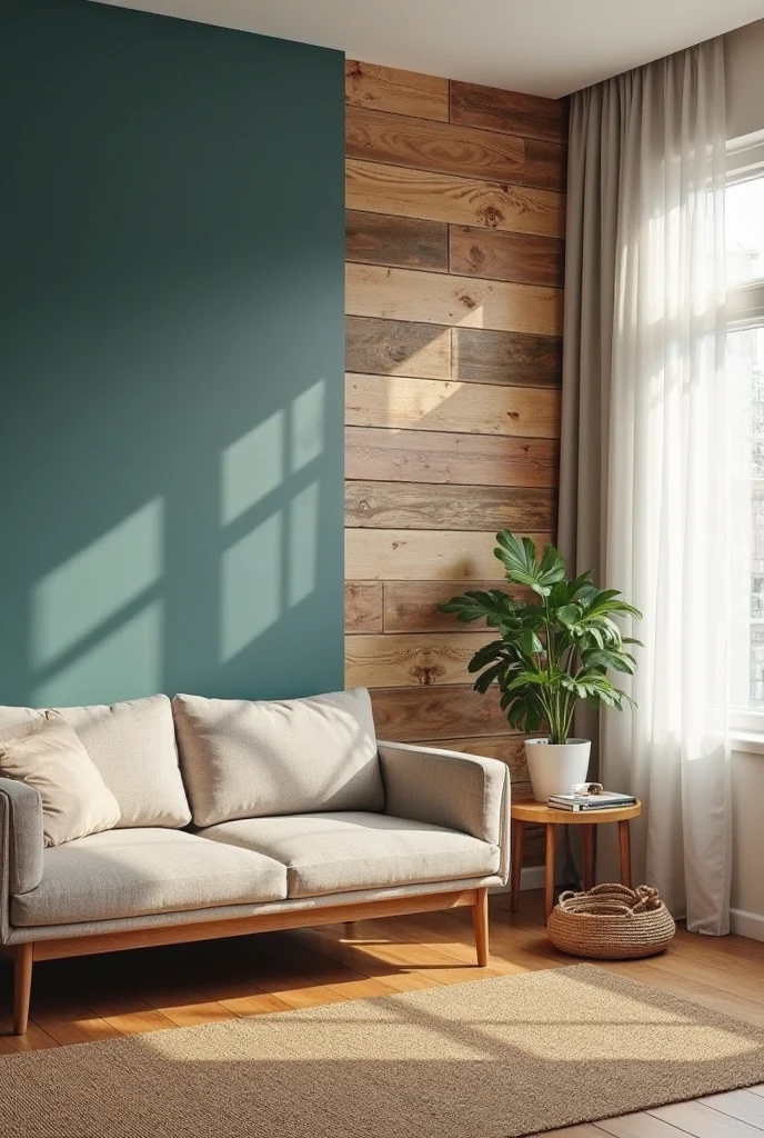 modern living room featuring a striking accent wall combining smooth teal paint and natural reclaimed wood paneling with visible grain and texture. The teal section is matte, rich, and deep, covering half the wall, seamlessly meeting warm-toned wood planks arranged horizontally with subtle knots and imperfections. In front of the wall, a mid-century modern sofa in neutral beige fabric sits atop a natural jute rug. Soft natural light filters through large windows with sheer white curtains, illuminating the cozy space. Minimalist decor includes a potted green plant on a wooden side table, a woven basket, and a few tasteful books stacked neatly. The overall atmosphere is warm, inviting, and balanced between modern style and organic elements.
