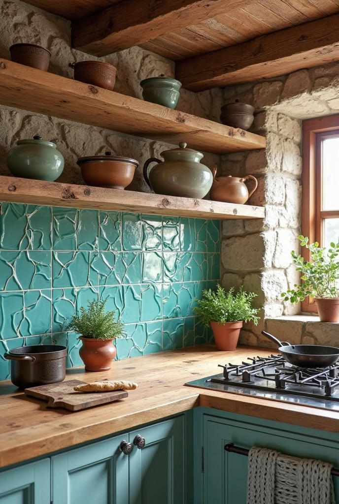 rustic kitchen interior featuring a vibrant teal tile backsplash made of handmade zellige tiles with irregular shapes and glossy surfaces. The backsplash extends behind a wooden countertop made of reclaimed oak with visible grain and knots. Above the backsplash, open wooden shelves hold ceramic jars and copper cookware. The kitchen walls combine rough natural stone with exposed timber beams, creating a warm, earthy atmosphere. Soft natural light streams through a nearby window, highlighting the rich teal color and the textured tile pattern. On the countertop, a vintage breadboard, fresh herbs in terracotta pots, and a rustic cast-iron skillet add authentic, lived-in charm. The overall scene blends artisan craftsmanship with cozy, rustic elegance.
