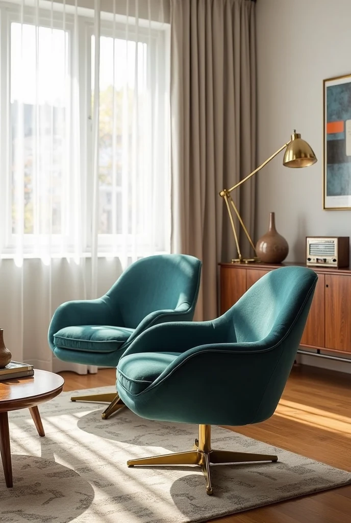 mid-century modern living room featuring two sculptural teal swivel chairs upholstered in rich velvet fabric with smooth, rounded edges and low-profile backs. The chairs sit on sleek brass pedestal bases that allow 360-degree rotation. The room includes a walnut wood coffee table with tapered legs positioned on a geometric patterned area rug in neutral tones of beige and gray. Behind the chairs, a floor-to-ceiling window with sheer white curtains floods the space with natural light. A minimalist walnut media console holds vintage decor pieces, including a ceramic vase and retro radio. The walls are painted soft off-white, accented with abstract mid-century art in muted blues and oranges. Warm wooden flooring and a standing arc lamp with a brass finish complete the sophisticated, authentic retro vibe.
