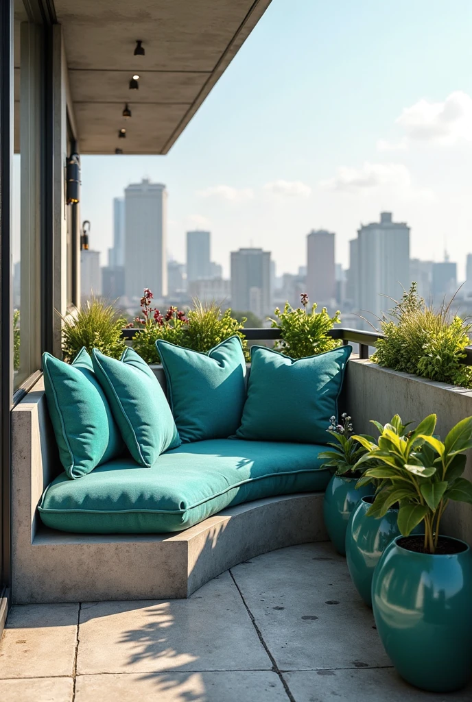 city balcony scene featuring a cozy seating area with plush teal outdoor cushions arranged on a sleek gray concrete bench. The cushions have a soft, weather-resistant fabric with subtle texture and piping detail along the edges. Several matching teal ceramic planters filled with lush green foliage and small flowering plants are placed strategically around the balcony railing. The balcony floor is smooth concrete with slight weathering and small cracks, adding urban character. In the background, a panoramic city skyline with modern skyscrapers and a soft blue sky creates a vibrant urban atmosphere. Warm natural sunlight casts gentle shadows across the cushions and planters, highlighting the bold contrast between the rich teal color and the cool gray concrete surroundings.