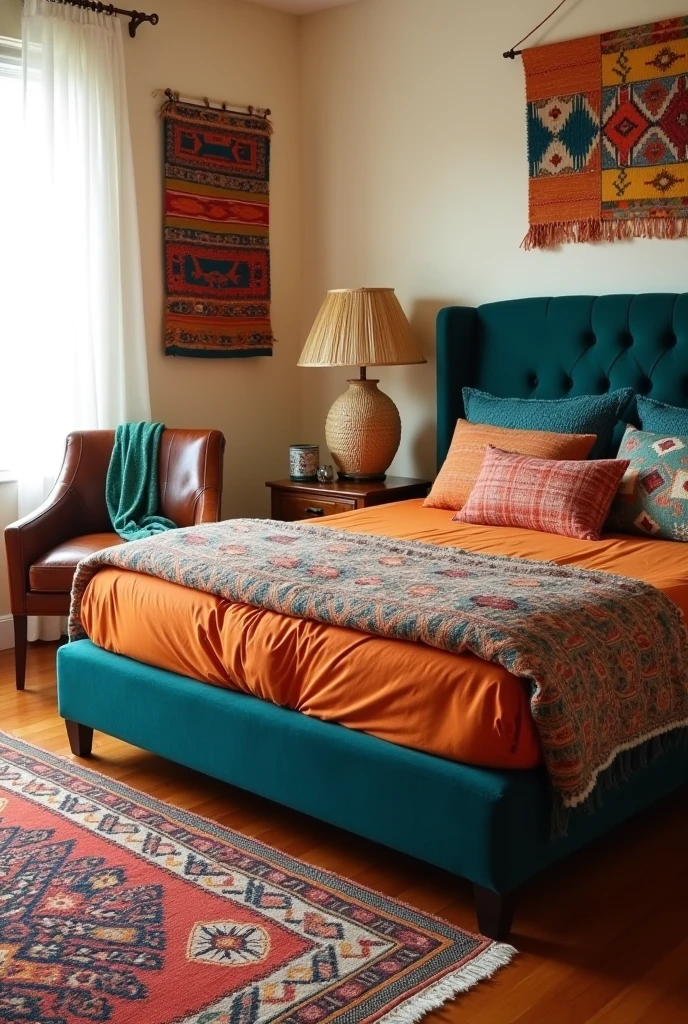 eclectic guest room featuring a deep teal upholstered bed with a tufted headboard against a soft cream-colored wall. The bedding includes vibrant tangerine sheets and a mix of patterned throw pillows in teal, orange, and warm earth tones with global-inspired motifs such as ikat and tribal prints. A layered area rug with geometric patterns in complementary teal and tangerine hues covers the warm hardwood floor. Beside the bed, a rustic wooden nightstand holds a woven basket lamp with a natural fiber shade. The room is accented with global textiles draped over a distressed leather armchair and colorful wall hangings featuring intricate patterns. Natural light filters through gauzy white curtains, enhancing the warm, energetic, and inviting atmosphere of the space.
