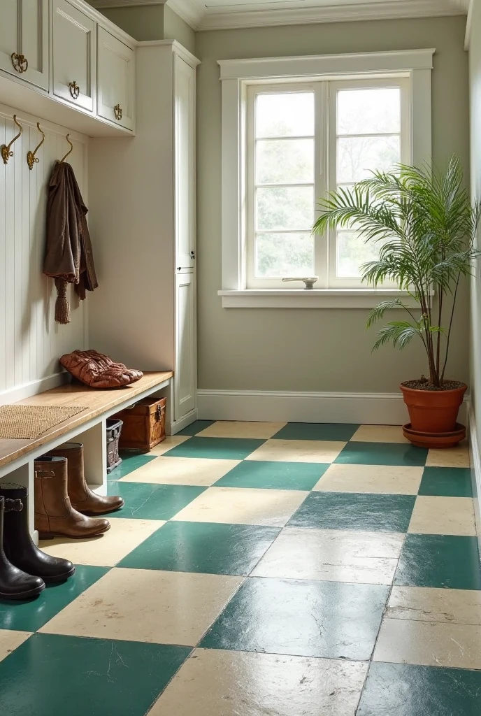 mudroom interior featuring a floor with large checkered tiles alternating between rich teal and soft cream colors. The glossy tiles show slight wear and subtle texture variations, emphasizing vintage charm. Along one wall, white shaker-style built-in cubbies and benches with brass hooks and hardware provide practical storage. A rustic wooden bench with a woven cushion sits beneath the cubbies, accompanied by neatly arranged pairs of boots and outdoor gear. Natural light filters in through a frosted glass window, softly illuminating the space and casting reflections on the polished tiles. A potted fern in a terracotta pot adds a fresh touch, balancing the functional and stylish atmosphere of this inviting, vintage-inspired mudroom.
