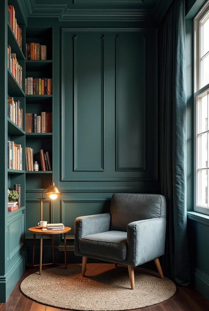 moody reading nook featuring deep teal-painted wall paneling with vertical grooves creating texture and depth. Built-in shelves filled with books in varied sizes and colors flank the nook, seamlessly integrated into the paneled wall. A plush, oversized armchair upholstered in soft charcoal velvet sits invitingly in the corner, accompanied by a small round wooden side table holding a steaming cup of tea and a stack of books. A sleek brass adjustable reading lamp with a warm glow is mounted above the chair, casting cozy light that contrasts with the rich teal walls. The floor is dark hardwood with a thick, neutral-toned woven rug adding warmth and softness. Soft natural light filters through a nearby window with heavy navy curtains pulled back, enhancing the intimate and dramatic atmosphere of the retreat.
