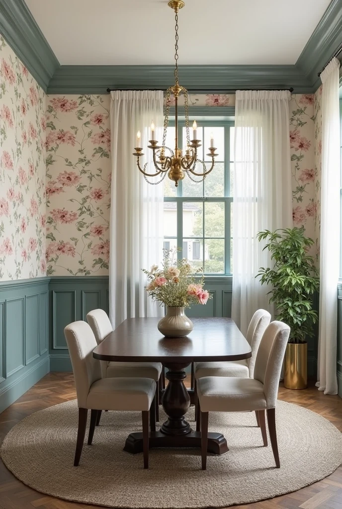 elegant dining room featuring teal-painted wainscoting with a smooth matte finish and classic rectangular panel detailing that wraps around the lower half of the walls. Above the wainscoting, a subtle floral wallpaper in soft, muted tones of blush pink, dusty rose, sage green, and warm ivory creates a delicate, understated pattern of small blossoms and leafy vines on a pale cream background. The floral design is finely detailed but gently faded, adding visual interest without overwhelming the space. A dark wood dining table with a polished surface sits centered on a woven area rug in soft beige and gray hues. Surrounding the table are upholstered dining chairs in neutral linen with dark wooden legs. Tall windows dressed in sheer white curtains allow soft natural light to fill the room, highlighting the harmonious contrast between the serene teal wainscoting and the refined floral wallpaper. A vintage-style brass chandelier overhead casts a warm, welcoming glow, completing the cozy and sophisticated ambiance.
