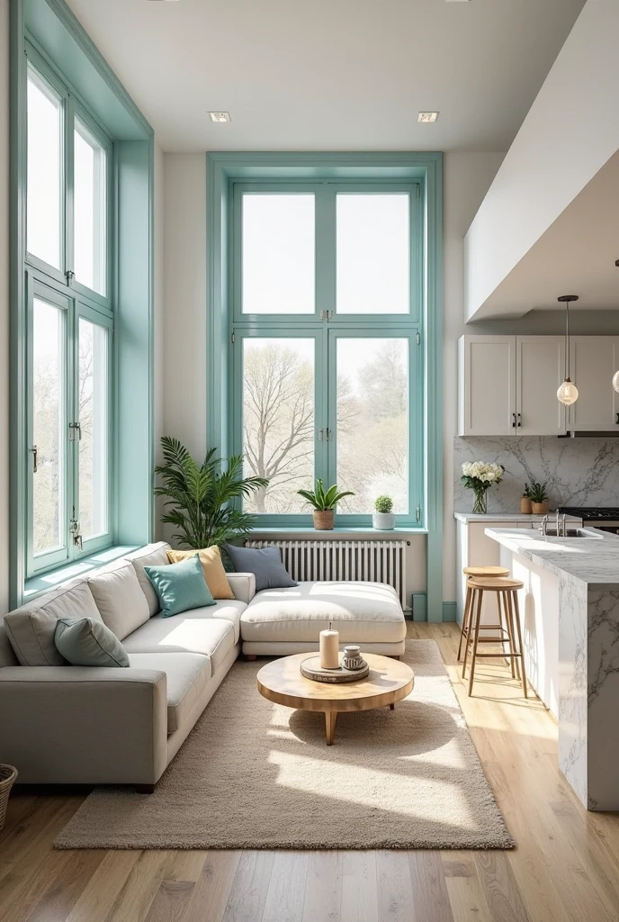 open-concept living room and kitchen featuring large windows framed with smooth, matte teal-painted trim that subtly contrasts against crisp white walls. The teal window frames have clean, modern lines with precise edges and a soft, velvety finish, drawing gentle attention to the natural light flooding the space. The living area includes a light gray sectional sofa adorned with neutral and teal accent pillows, positioned on a textured beige rug over light hardwood flooring. Adjacent to the living room, the kitchen showcases sleek white cabinetry with minimalist hardware, a marble countertop island with bar stools, and stainless steel appliances. Soft sunlight streams through the teal-trimmed windows, casting delicate shadows and illuminating the airy, cohesive space. Decorative green plants and simple, modern decor complete the fresh, inviting atmosphere of this beautifully balanced open-concept home.
