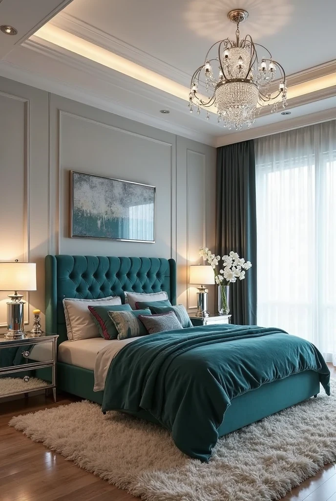 modern glam bedroom featuring a luxurious teal velvet upholstered bed with a tall, tufted headboard and plush bedding in rich jewel tones. On either side of the bed, mirrored nightstands with beveled edges reflect soft ambient light from sleek silver table lamps with cylindrical bases and white fabric shades. The walls are painted a soft dove gray, accented by silver-framed abstract artwork above the bed. A large floor-to-ceiling window with sheer white curtains allows natural light to filter gently into the room. The floor is covered with a thick, cream-colored shag rug that adds warmth and texture. Decorative accents include silver candleholders on the nightstands, a glass vase with fresh white orchids, and a crystal chandelier hanging from the ceiling, casting sparkling reflections that enhance the elegant, hotel-inspired atmosphere.

