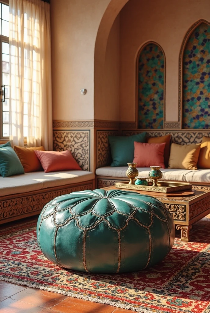 Moroccan-style living room featuring two teal leather poufs with hand-stitched detailing and a slightly distressed finish, placed on layered rugs with intricate geometric and floral patterns in warm reds, oranges, and earthy browns. The floor rugs overlap on a polished terracotta tile floor, adding rich texture and warmth. Against one wall, a low carved wooden coffee table with ornate patterns holds a decorative brass tray with colorful mosaic candle holders. Hanging Moroccan lanterns with intricate metal cutouts cast soft, patterned shadows throughout the room. The walls are painted in a warm beige tone with subtle texture, accented by mosaic tile panels featuring teal, cobalt blue, and gold designs. Plush cushions in coordinating colors sit on a built-in bench with carved wood detailing, completing the inviting and exotic ambiance of this authentic Moroccan-inspired space bathed in natural light filtering through sheer curtains.
