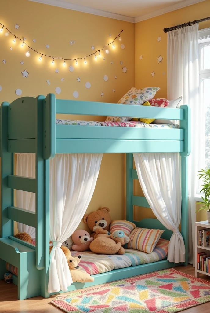 playful kids’ bedroom featuring a sturdy wooden loft bed painted in vibrant matte teal with smooth edges and a safety railing along the top bunk. Underneath the loft bed is a cozy play area decorated with sheer white canopies draped softly to create a tent-like space. The walls are painted soft pastel yellow and adorned with whimsical animal and star decals in coordinating colors. Twinkling warm white fairy lights are strung along the loft frame, casting a magical glow across the room. A colorful woven rug with geometric patterns lies beneath the bed, surrounded by plush floor cushions and stuffed animals. A small wooden bookshelf painted white holds picture books and toys, while a bright window with light, airy curtains lets natural daylight flood the cheerful, imaginative space designed for fun and creativity.
