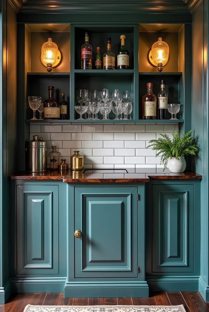 cozy home bar corner featuring rich teal cabinetry with a matte finish and classic panel detailing. The cabinetry includes open shelves displaying an elegant collection of glassware, decanters, and vintage bottles. Above the bar, two antique brass sconces with frosted glass shades cast a warm, inviting glow, highlighting the glossy dark wood countertop. The backsplash is made of glossy white subway tiles with dark grout, adding subtle contrast. A small brass foot rail runs along the base of the cabinetry. The surrounding walls are painted a deep charcoal gray, enhancing the vintage speakeasy vibe. Decorative elements include a vintage cocktail shaker, crystal glasses, and a small potted fern on the counter. The floor is dark hardwood with a patterned rug in muted tones, completing the stylish, intimate atmosphere of this elegant home bar.
