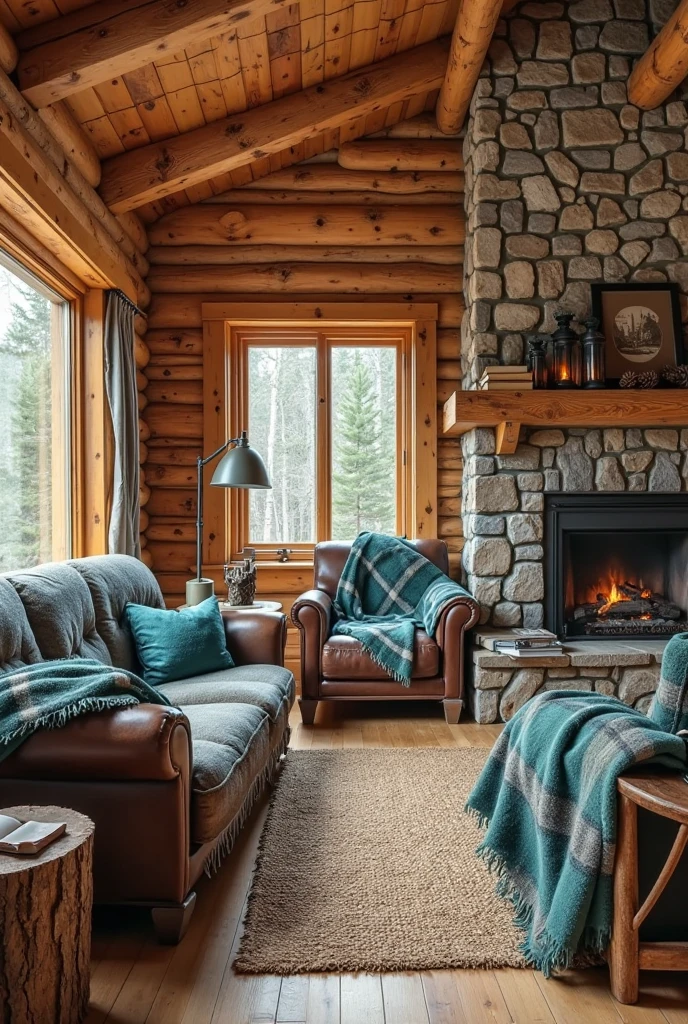 rustic cabin interior featuring warm, honey-toned log walls and exposed wooden ceiling beams. A large, weathered leather armchair and matching wooden-framed sofa are layered with soft teal plaid throws and cushions, combining deep teal with subtle gray and cream accents in traditional tartan patterns. The textiles have a cozy, brushed texture that contrasts beautifully with the rugged natural materials. A stone fireplace with visible mortar lines anchors the room, topped with a reclaimed wood mantel holding vintage lanterns and pinecones. The floor is wide-plank wood partially covered by a woven jute rug. A small side table made from a tree stump holds a steaming mug and an old book. Natural light filters in through a large window framed in rough-hewn timber, offering a view of evergreen trees and casting a golden glow across the inviting, cabin-style space filled with warmth and charm.
