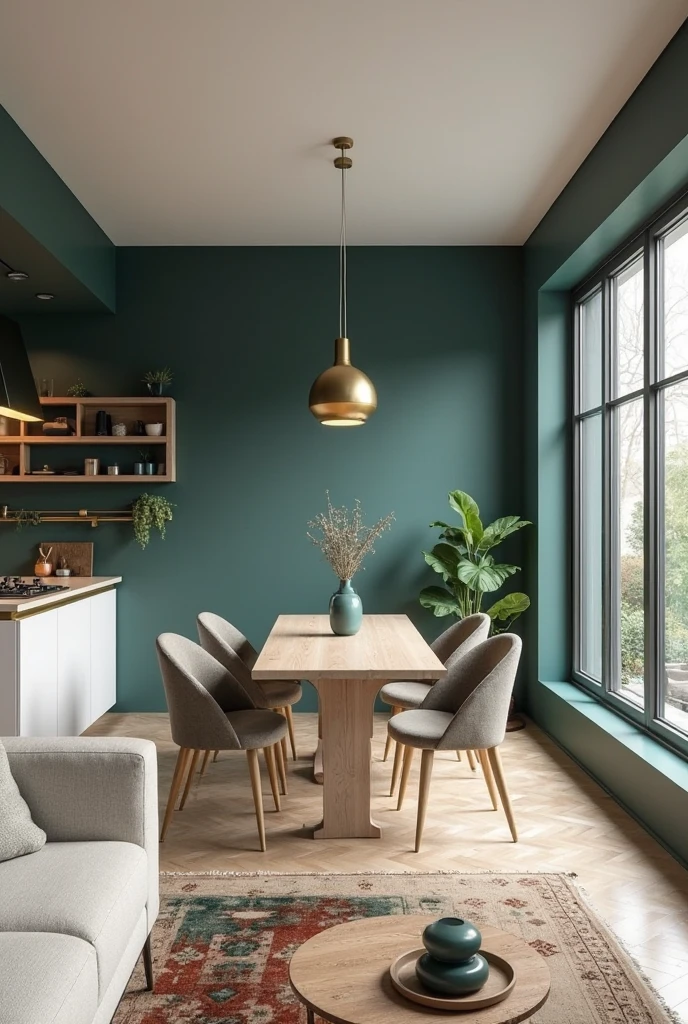 urban apartment featuring an L-shaped open-plan layout, where the kitchen is tucked into the back corner and the living room opens up near large floor-to-ceiling windows. The walls throughout are painted a matte teal, providing a dramatic backdrop for the space. Along one wall, a row of minimalist white base cabinets and floating open wood shelves form the kitchen, with a slim brass rail under the shelves holding utensils and small hanging plants. A narrow rectangular dining table made of light oak wood stands in the middle of the room, surrounded by four upholstered chairs with curved backs and brass legs.

Above the table, two brass pendant lights hang at staggered heights, their brushed finish catching and softening the ambient light. The living area sits adjacent to the dining space, centered around a low-profile cream linen sofa and a vintage-style area rug with soft faded patterns in teal, beige, and rust. A round wooden coffee table with a teal ceramic vase completes the seating arrangement. The natural light from the expansive windows balances the moody teal walls, creating an elegant, luxurious feel in this thoughtfully layered open layout.