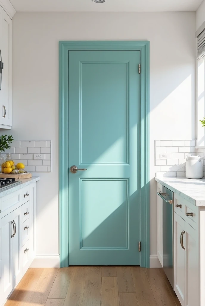 all-white kitchen featuring a bold teal-painted pantry door with a smooth satin finish and simple shaker-style paneling. The kitchen walls, cabinets, and subway tile backsplash are bright white, creating a clean and cohesive backdrop that emphasizes the vibrant teal door. The cabinetry features brushed nickel hardware and white quartz countertops with soft gray veining. Natural light streams in from a nearby window, reflecting off the glossy white surfaces and drawing attention to the contrasting pantry door. A light oak wood floor adds warmth and texture to the space. Beside the pantry door, a small counter nook includes a glass jar of lemons, a potted herb plant, and a white ceramic canister set. The teal door creates a subtle focal point that adds personality and depth to the bright, airy kitchen.
