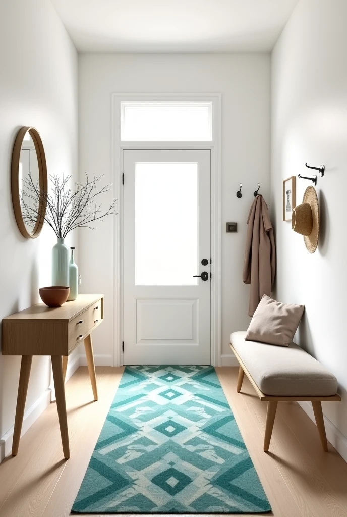 minimalist entryway featuring clean white walls, a pale oak wood floor, and a long, narrow teal geometric runner rug placed centrally. The rug features a bold, modern pattern of interlocking angular shapes in varying shades of teal and soft gray, adding striking contrast to the otherwise neutral space. Along one wall, a slim wooden console table with natural grain and tapered legs holds a simple ceramic bowl for keys, a tall clear glass vase with fresh branches, and a small framed abstract print in muted tones. Above the table, a round frameless mirror reflects soft natural light from a nearby transom window, enhancing the brightness of the entryway. A low wooden bench with a beige cushion sits against the opposite wall, offering a place to sit and remove shoes. Hooks mounted neatly above the bench hold a straw hat and lightweight coat. The teal runner adds vibrancy and visual focus, anchoring the minimalist design with warmth and personality.