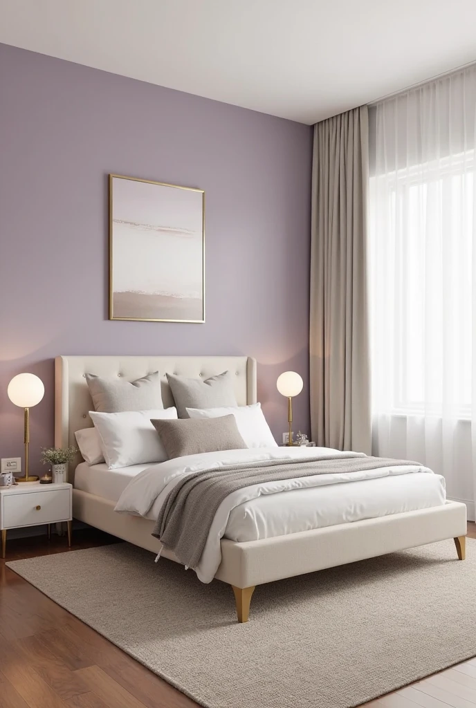modern bedroom with a single lavender accent wall behind the bed, painted in a smooth, rich pastel lavender tone that adds depth and character. The remaining walls are a soft, warm white, creating a clean contrast. A low-profile upholstered bed in light beige sits against the lavender wall, dressed with crisp white bedding, taupe accent pillows, and a light gray throw. Flanking the bed are two sleek nightstands in matte white, each topped with a modern gold lamp featuring round frosted glass shades. Above the bed hangs a minimalist metallic gold-framed abstract artwork. The floor is medium-toned hardwood with a subtle woven neutral rug placed beneath the bed. A large window with white linen curtains allows natural daylight to fill the room. The overall atmosphere is calm, modern, and stylish with a hint of glamour.