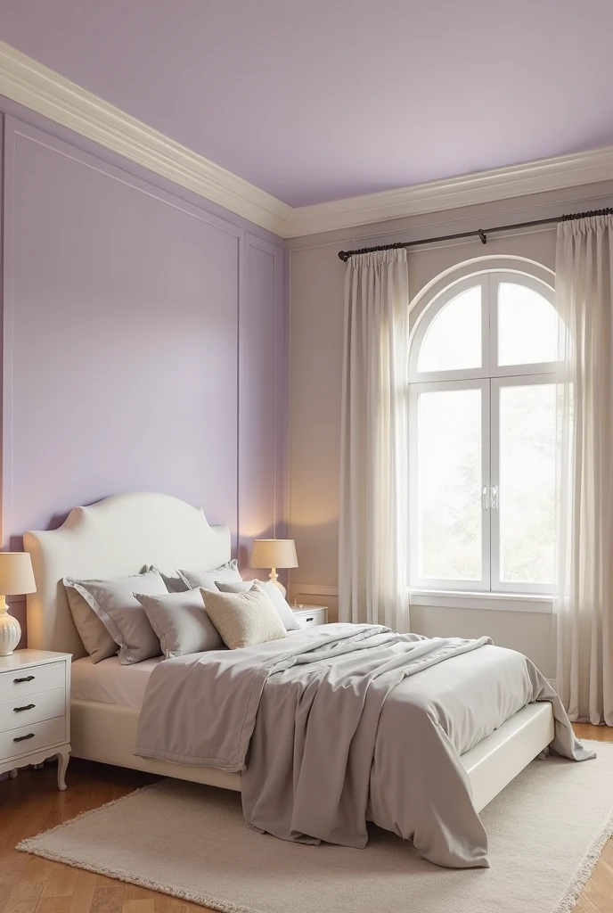 bedroom featuring a soft lavender-painted ceiling with a smooth matte finish that adds subtle color and draws the eye upward. The walls are painted a warm neutral beige with crisp white baseboards and crown molding framing the lavender ceiling. A large window with sheer white curtains allows natural daylight to fill the space. The bed has a simple white upholstered headboard and is dressed in light gray bedding with cream accent pillows. Light oak hardwood floors complement the calm palette, partially covered by a soft cream area rug beneath the bed. Two minimalist white nightstands flank the bed, each topped with small ceramic lamps with beige linen shades. The overall ambiance is airy, serene, and elegantly understated with a unique pop of lavender overhead.
