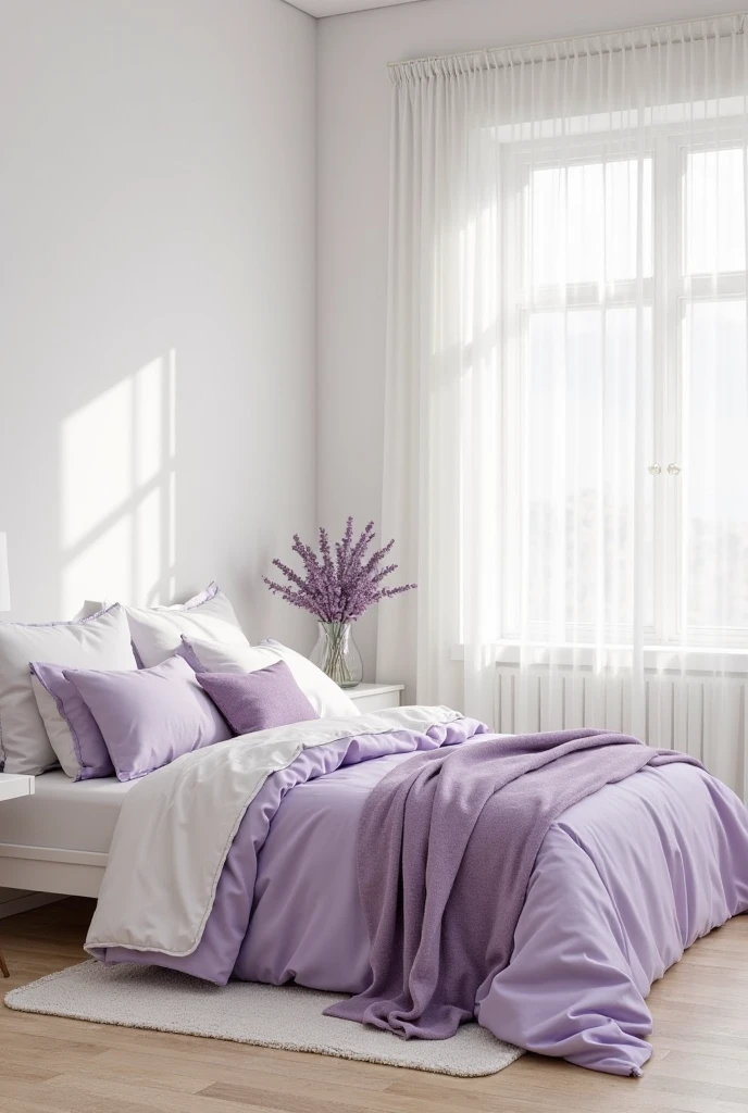 bedroom with crisp white walls and smooth matte finish creating a bright, clean backdrop. The bed features lavender bed linens including a soft lavender duvet cover, matching lavender throw blanket folded at the foot, and an assortment of decorative pillows in varying shades of lavender and white arranged neatly. The bed frame is minimalist and white, blending seamlessly with the walls. Natural light pours through a large window dressed with sheer white curtains that softly diffuse the sunlight. The floor is light natural wood with a simple white woven rug beneath the bed. A small white nightstand holds a clear glass vase with fresh lavender sprigs and a slender white table lamp with a linen shade. The overall atmosphere is fresh, minimal, and subtly infused with calming lavender tones.
