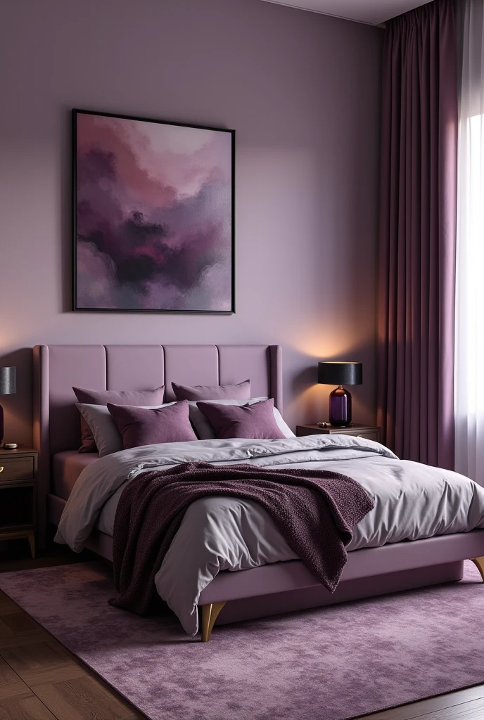 bedroom with walls painted in a deep lavender tone that wraps the space in a soft, moody ambiance. The bed features a tall upholstered headboard in muted lavender velvet, dressed with dark plum throw pillows, an aubergine knit throw draped across the foot, and soft gray linens. A large area rug in a faded plum and lavender pattern covers the dark hardwood floor. Above the bed hangs a modern abstract artwork in layered shades of plum, aubergine, and soft lavender tones, framed in matte black. On either side of the bed, dark wood nightstands hold brushed brass lamps with deep purple glass bases. The window is dressed with thick plum velvet curtains, slightly open to allow diffused natural light to glow through. The atmosphere is enveloping, cozy, and elegant with rich layers of color and texture.
