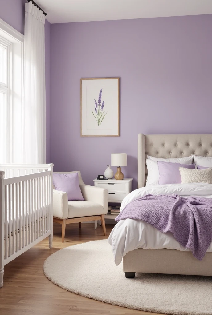 shared nursery and parent bedroom featuring soft lavender walls painted in a matte finish, creating a calm and restful ambiance. A white wooden crib with vertical slats sits near a large window dressed in sheer white curtains, gently glowing with natural daylight. Beside the crib, a queen-sized upholstered bed in a light beige fabric is layered with white linens, a chunky knit lavender blanket, and soft lavender and cream pillows. A plush ivory rug with subtle texture covers the light oak wood floor, providing warmth and softness. A cozy beige armchair with a tufted back sits in the corner with a small lavender throw draped over the arm. Above the crib, a simple framed print of watercolor lavender sprigs adds a gentle decorative touch. A white nightstand holds a small ceramic lamp with a linen shade and a wooden baby monitor. The space is serene, nurturing, and beautifully balanced for both parent and child.
