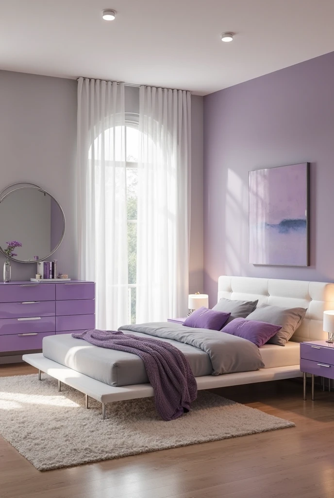 bedroom featuring a high-gloss lavender dresser positioned along one wall, its smooth lacquered surface gleaming under soft recessed ceiling lights. Opposite the dresser, a modern platform bed with a low-profile frame in matte white stands centered on a light oak wood floor. The bed is dressed in soft gray linens with lavender throw pillows and a matching lavender knit blanket folded at the foot. Two sleek high-gloss lavender nightstands with chrome handles sit on either side of the bed, each topped with minimalist white lamps with cylindrical shades. A large round mirror with a thin silver frame hangs above the dresser, reflecting natural light from a tall window draped with sheer white curtains. A plush cream area rug lies beneath the bed, adding warmth and texture. The walls are painted a soft dove gray, creating a balanced and sophisticated space where glossy lavender furniture contrasts gently with muted tones.