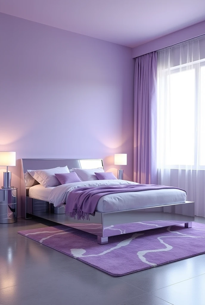 bedroom featuring smooth lavender walls in a soft pastel shade that create a calming atmosphere. The centerpiece is a sleek chrome bed frame with clean geometric lines and a polished reflective finish. The bed is dressed in white linens with lavender accent pillows and a lightweight lavender throw draped casually at the foot. On each side of the bed stand mirrored chrome side tables with glossy surfaces reflecting light throughout the room. Each table holds a modern chrome lamp with cylindrical white shades casting soft ambient light. The floor is light gray polished concrete with a subtle sheen, partially covered by a lavender and white abstract-patterned rug. A large window with minimal chrome trim lets in abundant natural light through sheer white curtains. The overall design is futuristic, bright, and serene, combining soft lavender hues with sharp, reflective chrome details for a modern edge.