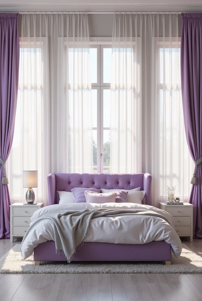 bedroom with floor-to-ceiling windows dressed in layered window treatments featuring sheer white curtains closest to the glass, topped with flowing lavender velvet drapes pulled back elegantly with silver tiebacks. Soft natural light filters through the sheer layers, casting a gentle glow across the room. The walls are painted in a pale gray-beige tone that complements the window treatments. A queen-sized bed with a tufted lavender velvet headboard is centered against a solid wall opposite the windows. The bed is dressed in white linens with lavender and silver decorative pillows and a folded white throw at the foot. Light gray hardwood flooring extends throughout, accented by a soft white shag rug beneath the bed. On one side, a sleek white nightstand holds a modern silver lamp with a frosted glass shade and a small lavender-scented candle. The space feels elegant, bright, and softly layered with color and texture focused around the window treatments.
