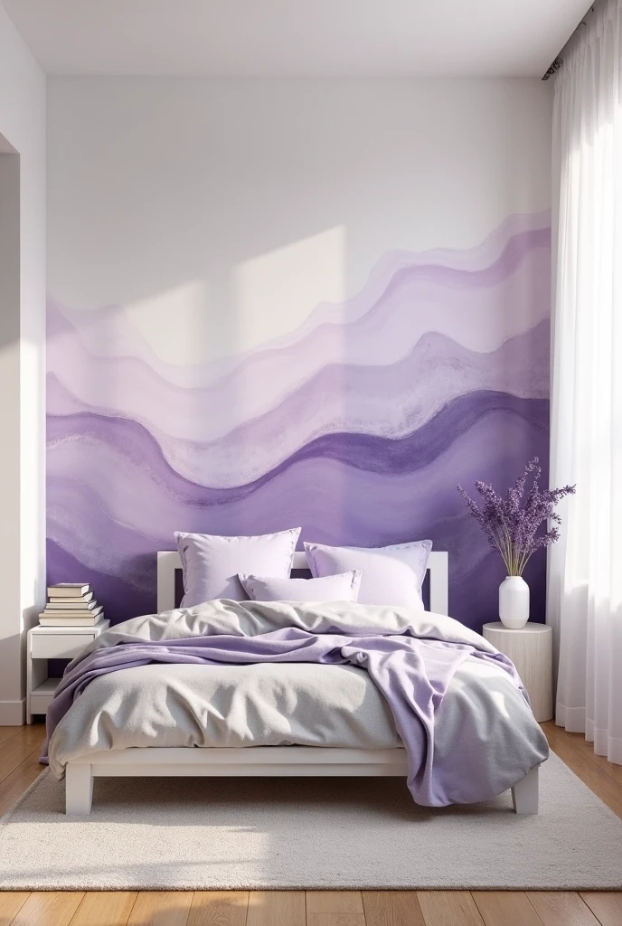 bedroom featuring a custom wall mural in soft lavender tones, painted behind the bed in flowing abstract waves that blend gentle shades of lilac, violet, and pale mauve with a watercolor effect. The remaining walls are painted a soft warm white to balance the mural’s artistic presence. The bed has a low-profile white frame and is dressed in light gray linen bedding with lavender accent pillows and a pale violet throw. A large window with sheer white curtains allows filtered daylight to wash over the mural, enhancing its soft textures. Light oak hardwood flooring is partially covered by a woven off-white rug. On one side of the bed stands a minimalist white nightstand topped with a small stack of books and a ceramic vase holding dried lavender stems. The atmosphere is artistic, serene, and visually captivating, centered around the unique lavender mural.