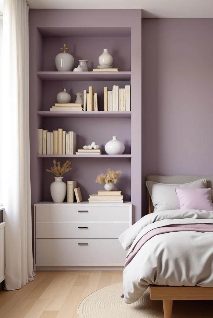 bedroom featuring built-in shelving units painted in a soft, muted lavender hue that adds subtle color and depth to the room. The shelves extend from floor to ceiling along one wall, with clean, modern lines and a smooth matte finish. The shelves are styled thoughtfully with neatly arranged neutral-toned books in beige, cream, and soft gray covers, interspersed with white ceramic vases of varying shapes and sizes. Delicate dried floral arrangements in muted tones of cream and light brown add organic texture and warmth. Below the shelving, a low white storage cabinet with minimalist handles provides additional concealed storage. The adjacent walls are painted warm off-white, creating a calming contrast. In front of the shelves sits a mid-century modern bed with a light wood frame and soft gray linens accented with lavender throw pillows. The floor is pale oak wood partially covered by a cream woven rug. Natural light filters through sheer white curtains on a nearby window, illuminating the shelves and enhancing the serene, organized, and elegant atmosphere.