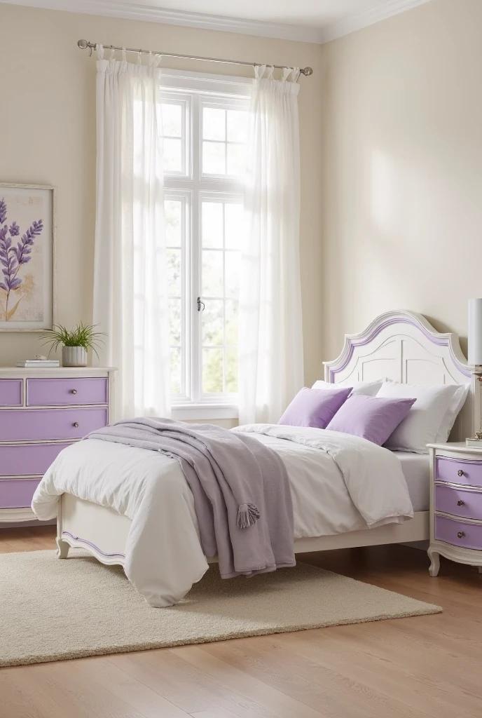 bedroom with a white wooden dresser positioned against a side wall, featuring lavender-painted drawer fronts and subtle lavender trim along its edges. Opposite the dresser, a matching white bed frame with lavender trim along the headboard’s carved panels stands centered on a soft beige wall. The bed is dressed in white cotton bedding accented with lavender throw pillows and a folded light gray blanket at the foot. To the right of the bed, a white nightstand with lavender drawer fronts holds a simple white lamp with a cylindrical shade. The floor is pale oak wood with a textured cream rug extending beneath the bed. A large window with white trim and sheer white curtains allows natural light to fill the room. A framed abstract artwork featuring soft lavender and beige tones hangs above the dresser, tying the space together. The room feels bright, airy, and harmoniously unified by the subtle lavender accents on the furniture.